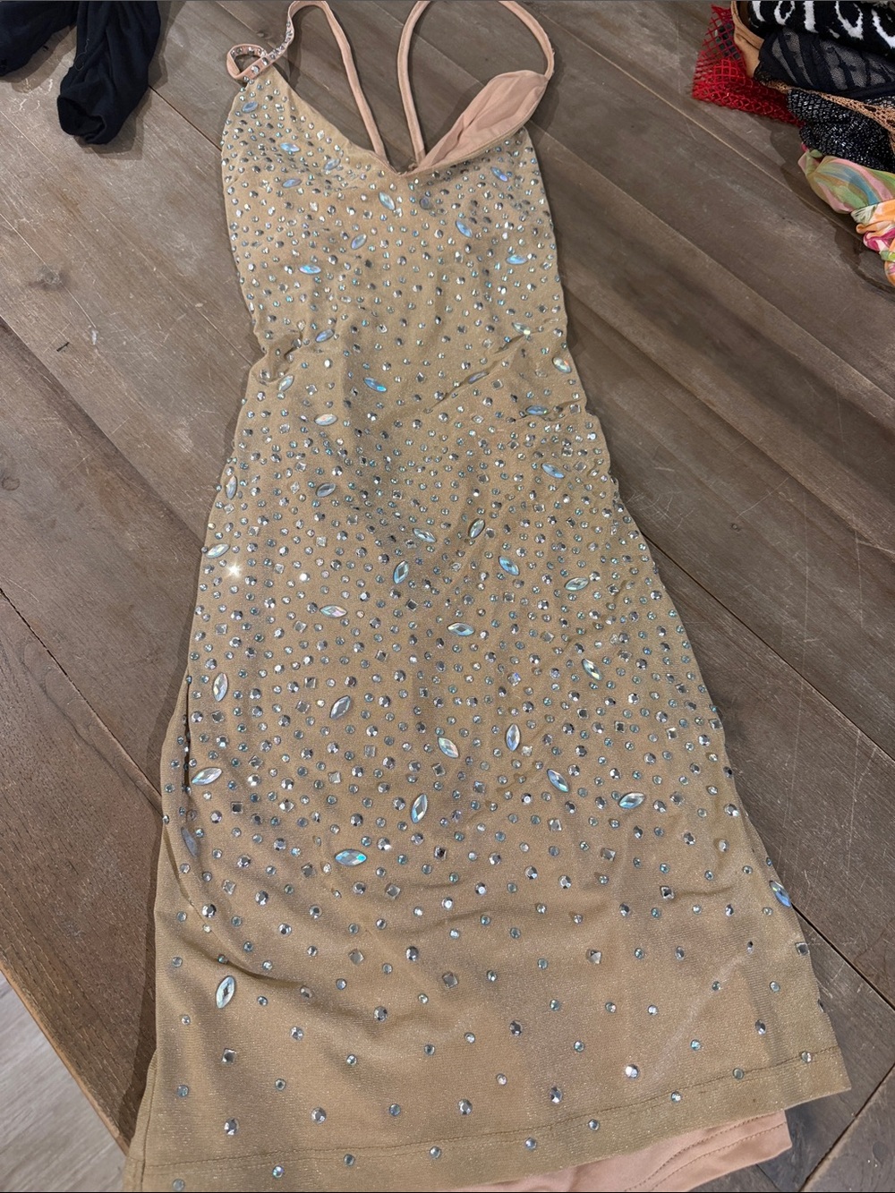 Hot Miami Styles Nude Crystal-Embellished Midi Slip Dress